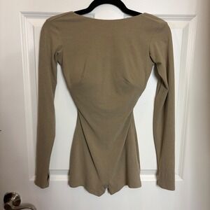ZYM Dance Style Long Sleeve Open Back Romper with Built-in Bra Tan Olive Size M